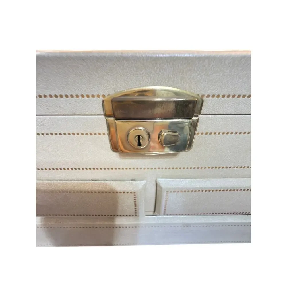Vintage Ivory Jewelry Chest Red Velvet Mirror Locking 3 Drawer Jewelry Box Case
